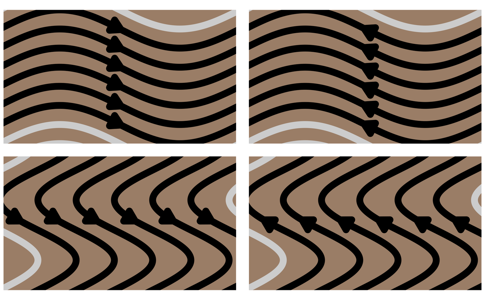 Four tiles of brown stone, each covered in thick black wavy stripes with arrowheads along them. The waves flow in a different direction on each tile, with a pale grey curve running across the corner.