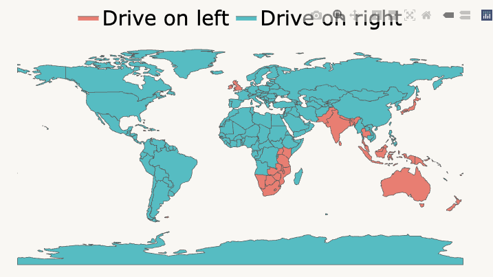 World map coloured by which side of the road traffic drives on. Most of the world drives on the right. The UK, Ireland, India, Japan, much of South-East Asia, Australia, New Zealand and much of southern and eastern Africa drive on the left.