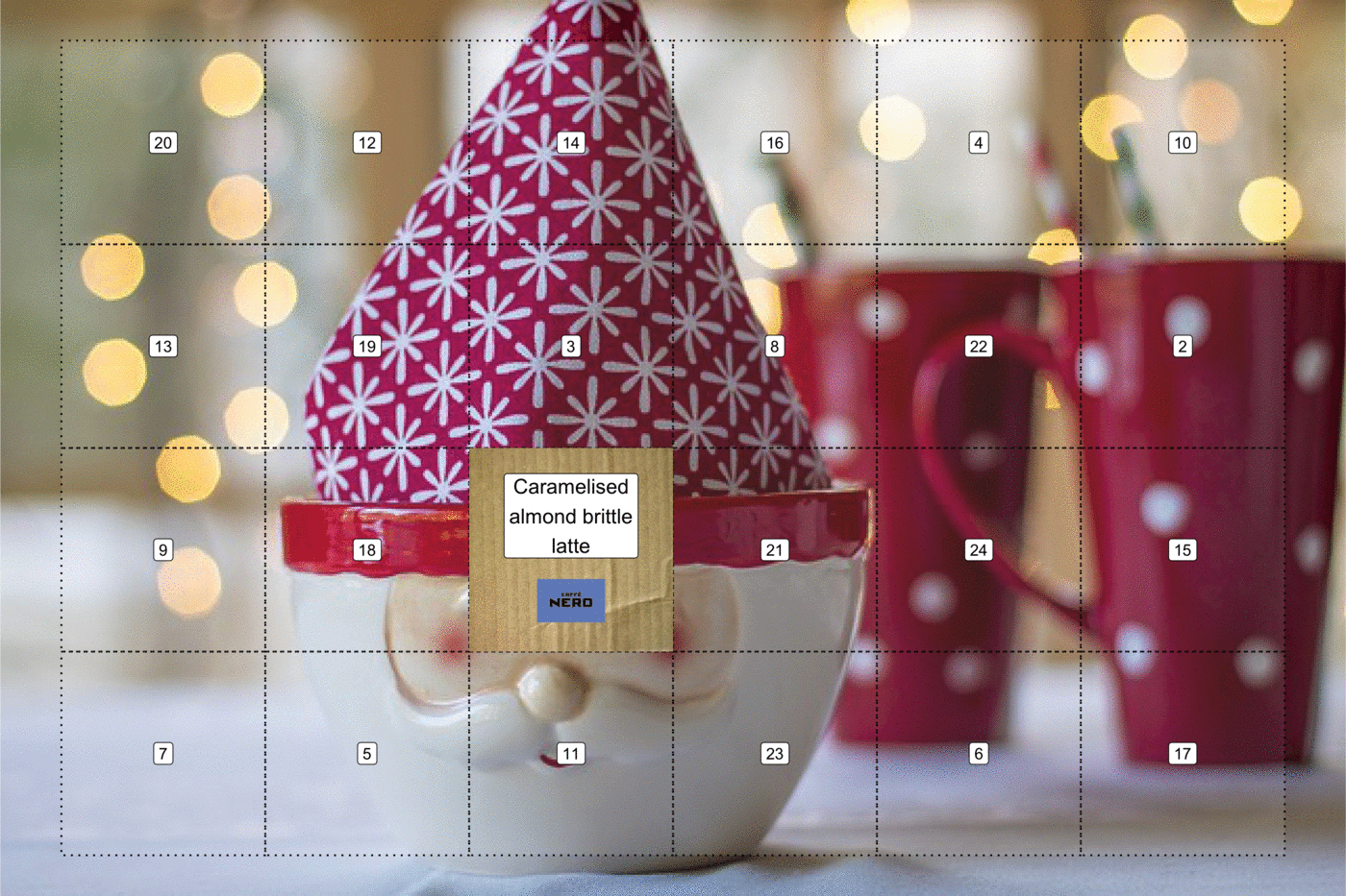 An advent calendar: a photo of a Santa mug and red polka-dot mugs, covered by a grid of 24 numbered doors. In the animation the doors open one by one, each revealing a Christmas drink such as a caramelised almond brittle latte.