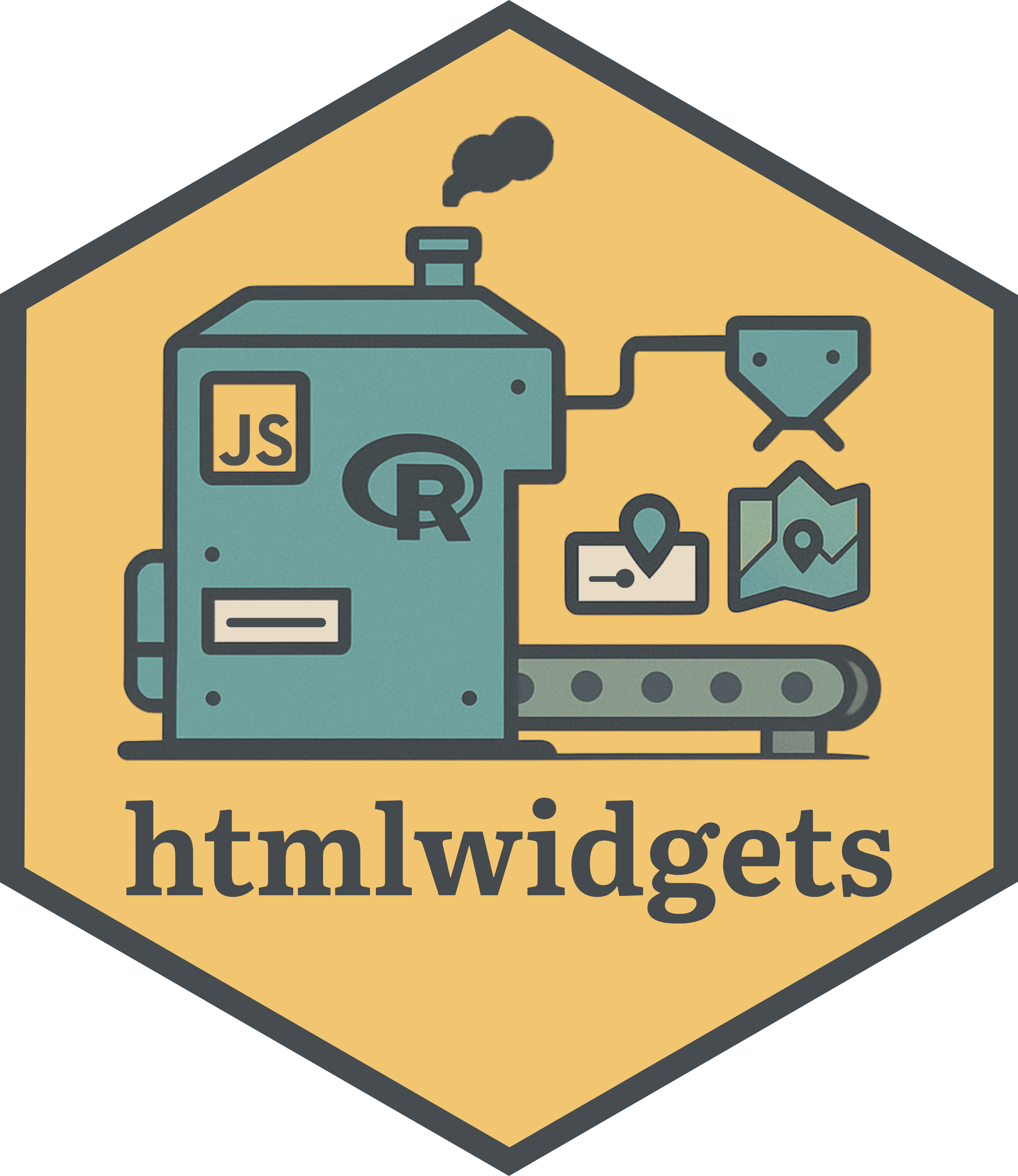 Yellow hex sticker for the htmlwidgets R package, depicting a teal factory machine with R and JS logos producing interactive charts and maps on a conveyor belt.