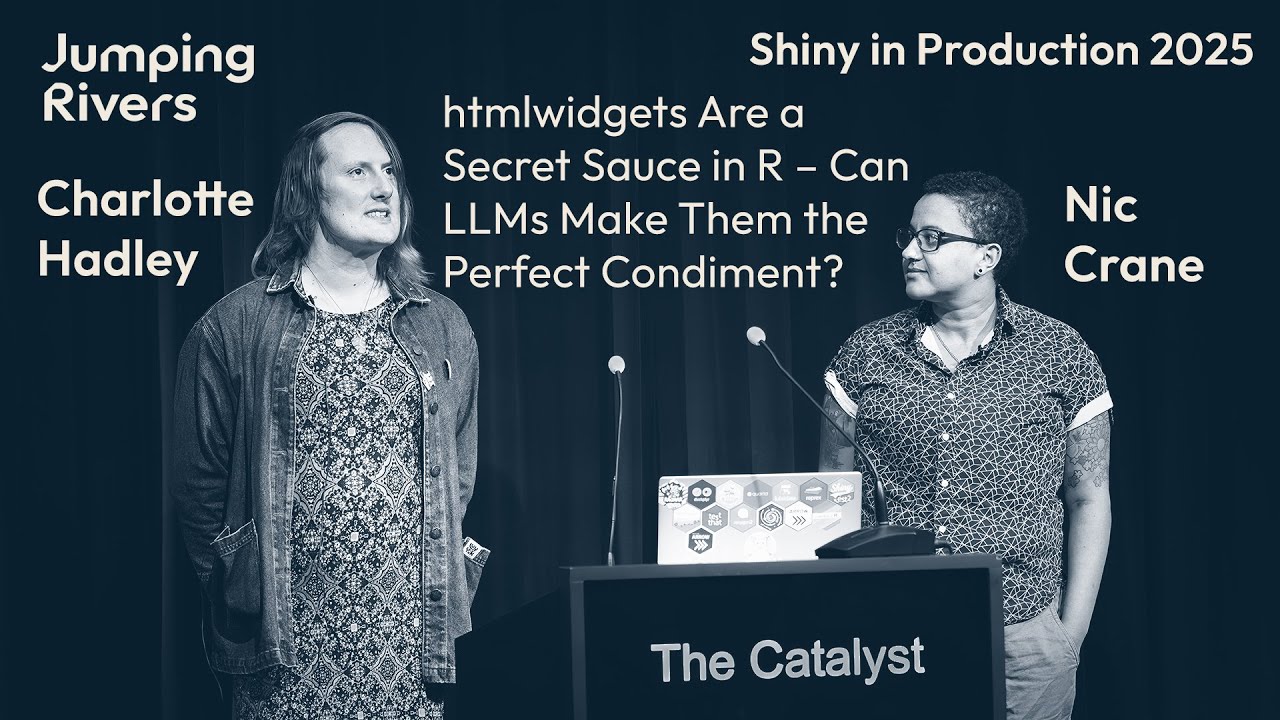 YouTube thumbnail for the talk 'htmlwidgets Are a Secret Sauce in R – Can LLMs Make Them the Perfect Condiment?' showing Charlotte Hadley and Nic Crane.