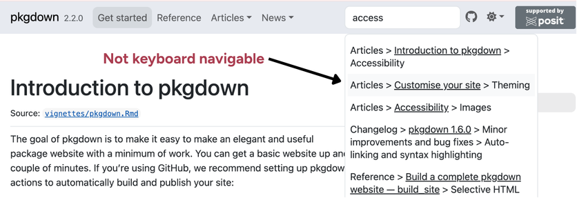 Screenshot of pkgdown website highlighting the search results from the navbar search box are not keyboard navigable. This is achieved with an arrow pointing to the search results and the red text 'Not keyboard navigable'